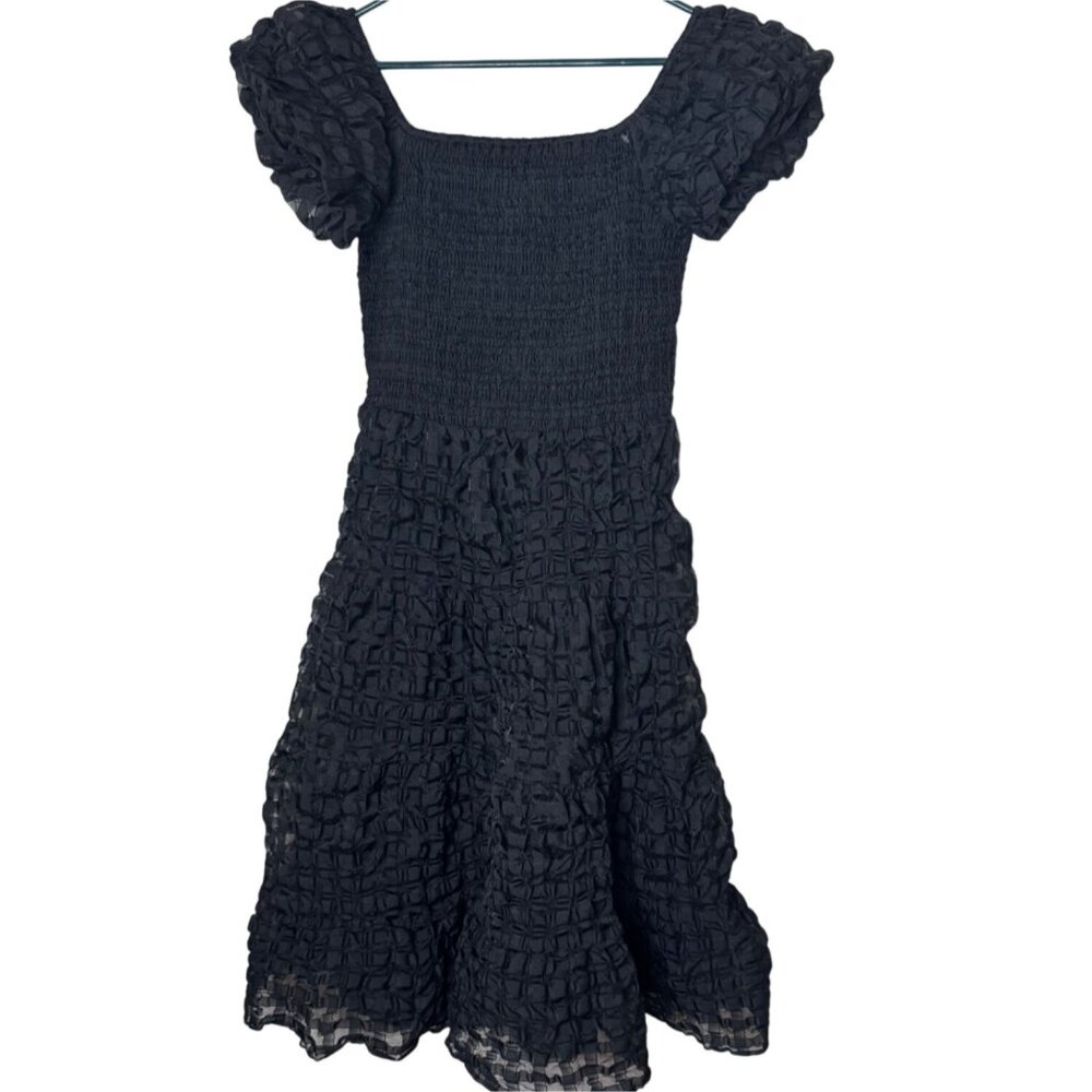 Whimsigoth Black Puff Sleeve Midi Dress L • Romantic Smocked Square Neck